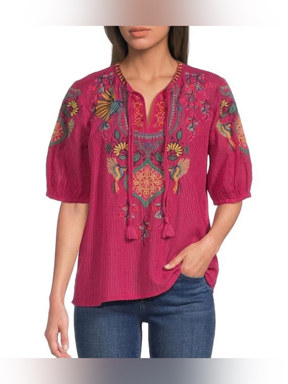 Johnny Was Fuchsia Embroidered Tassel Peasant Blouse